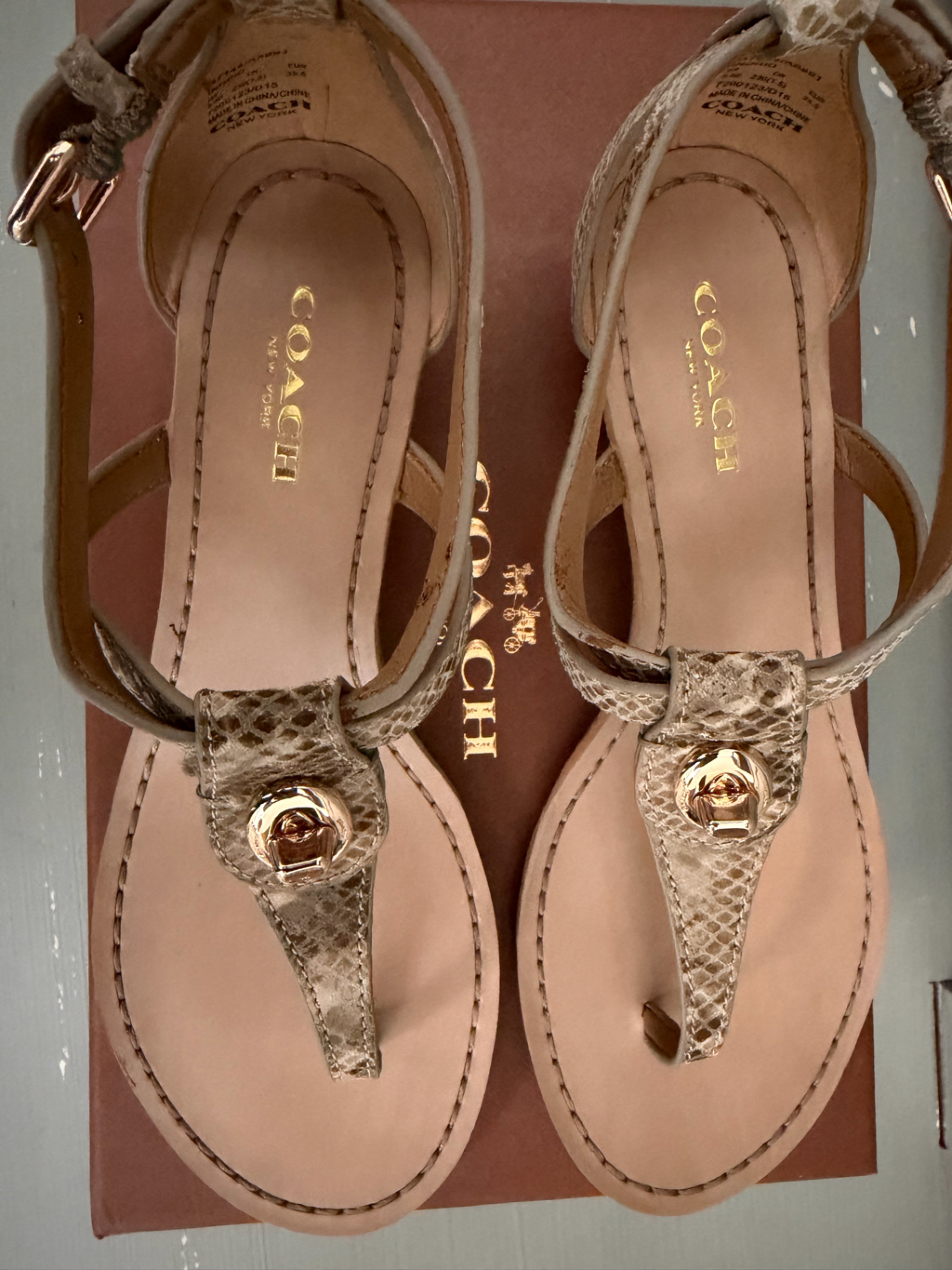 Coach New York - Ingrid Natural Snake Print Sandal - A Stylish T-Strap Wedge